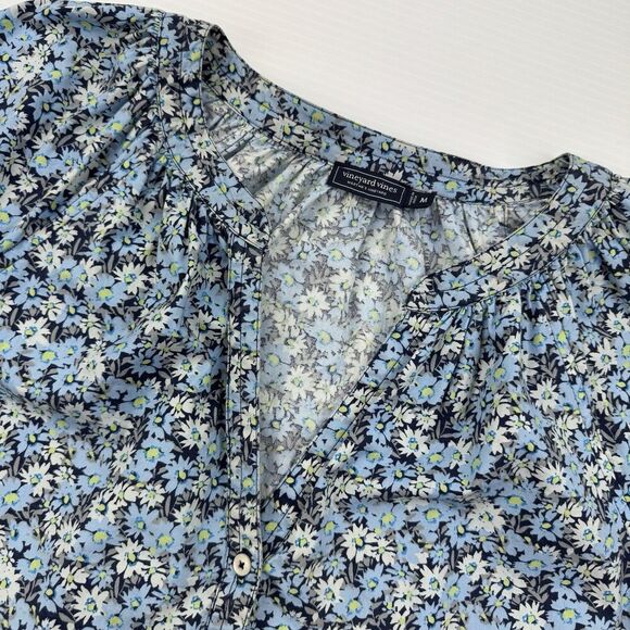 Vineyard Vines Women’s Puff Sleeve Button Front Blue Floral Blouse Size Medium - Picture 3 of 9